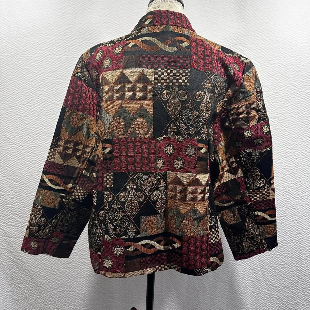 Vintage Tapestry Earth Tone Mandarin Full Zip jacket color blocked 2X - Picture 5 of 9